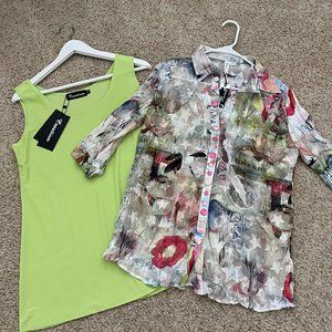 New Sheer Eclectic Printed Blouse with Lime tank top